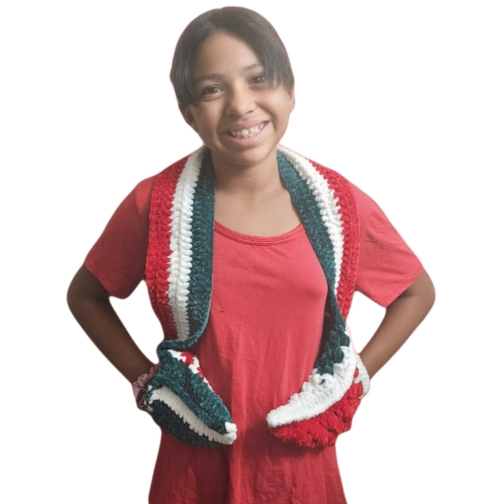 Handmade Hand Knit Crochet Holiday Scarf Red White Green Chenille Multiway Wrap